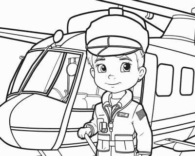Színező egy mosolygó kisfiúval pilótasapkában és overallban egy helikopter előtt